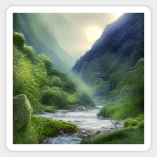 Beautiful Digital Painting With a Running River Near Mountains Sticker